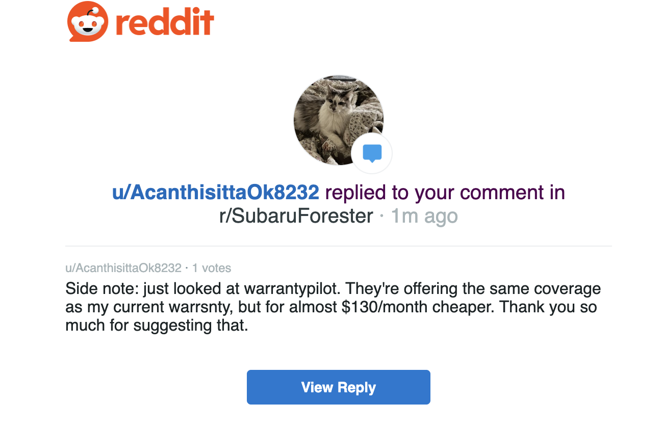 Reddit conversation showing a user thanking someone for suggesting warrantyplot, saving them $130/month